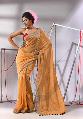 Beige Striped Woven Design Cotton Saree Set