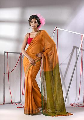Mustard Woven Design Cotton Saree Set