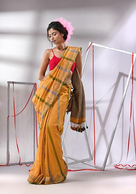 Yellow Striped Cotton Saree Set