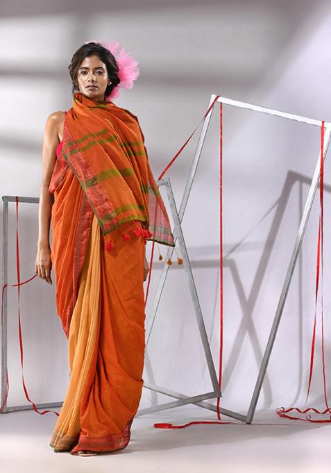 Orange Woven Design Cotton Saree Set