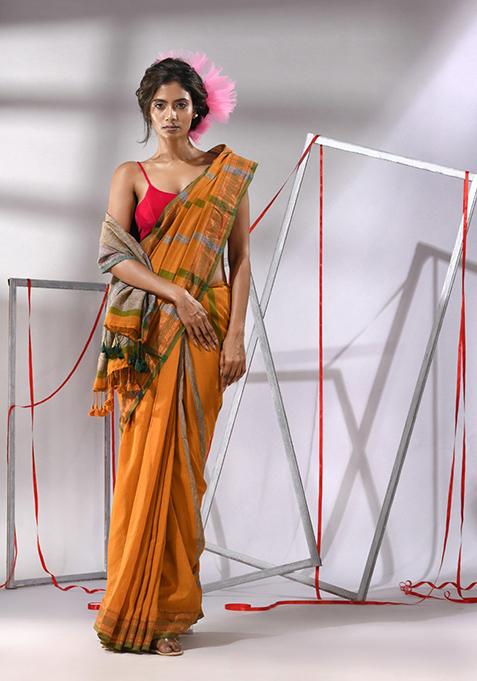 Yellow Striped Cotton Saree Set