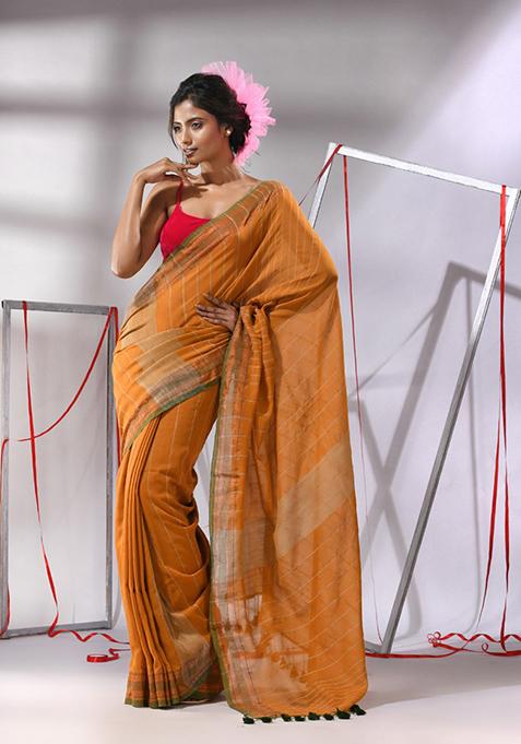 Mustard Striped Cotton Saree Set