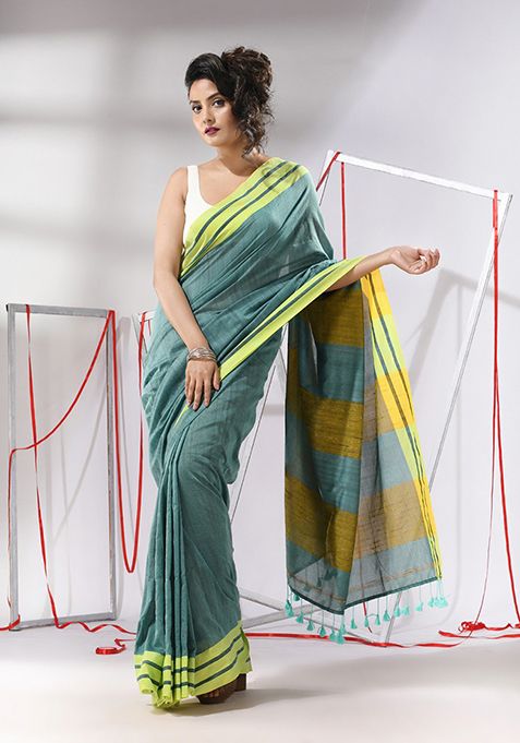 Teal Woven Design Cotton Saree Set