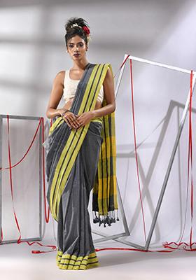 Grey Woven Design Cotton Saree Set