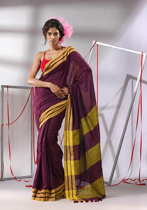 Plum Purple Woven Design Cotton Saree Set