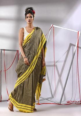 Ecru Woven Design Cotton Saree Set