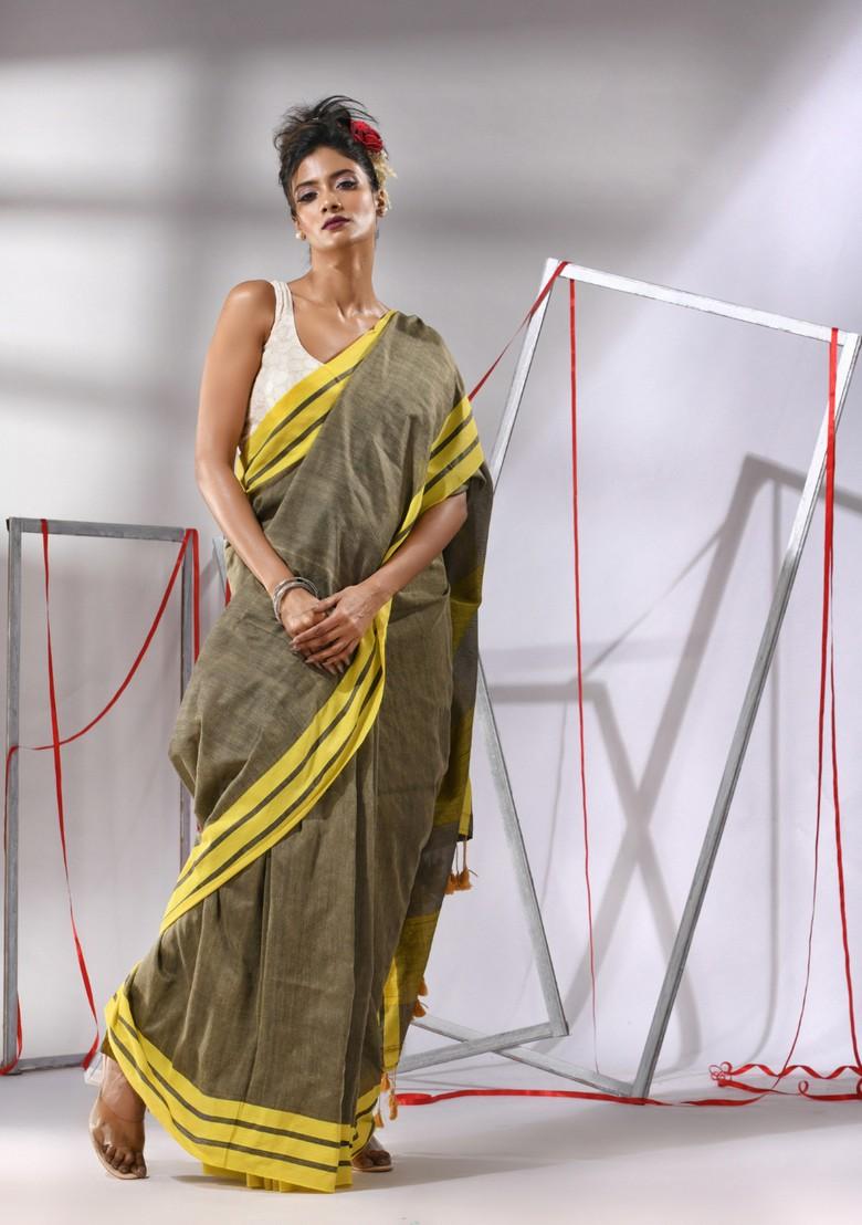 Ecru Woven Design Cotton Saree Set