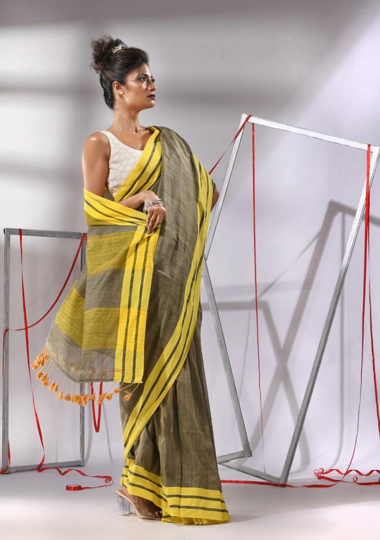 Ecru Woven Design Cotton Saree Set