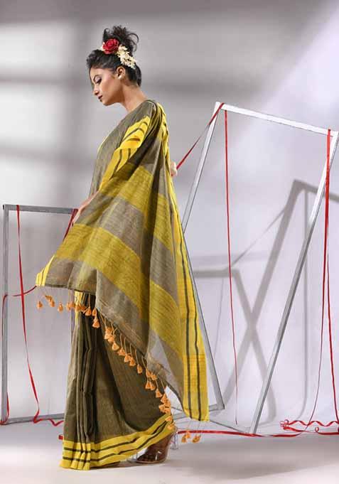 Ecru Woven Design Cotton Saree Set