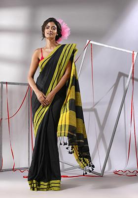 Black Woven Design Cotton Saree Set