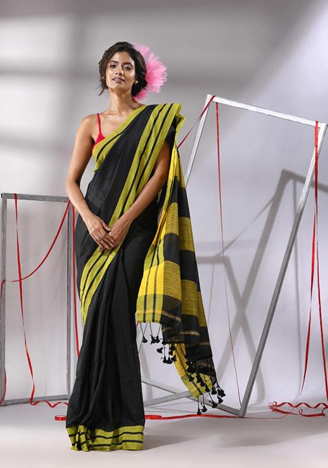 Black Woven Design Cotton Saree Set