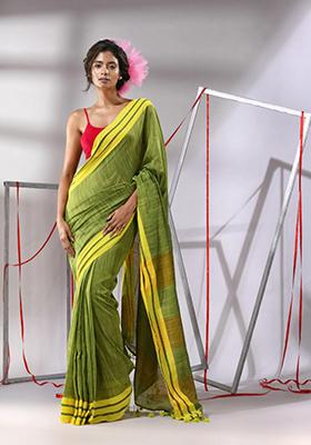 Green Woven Design Cotton Saree Set