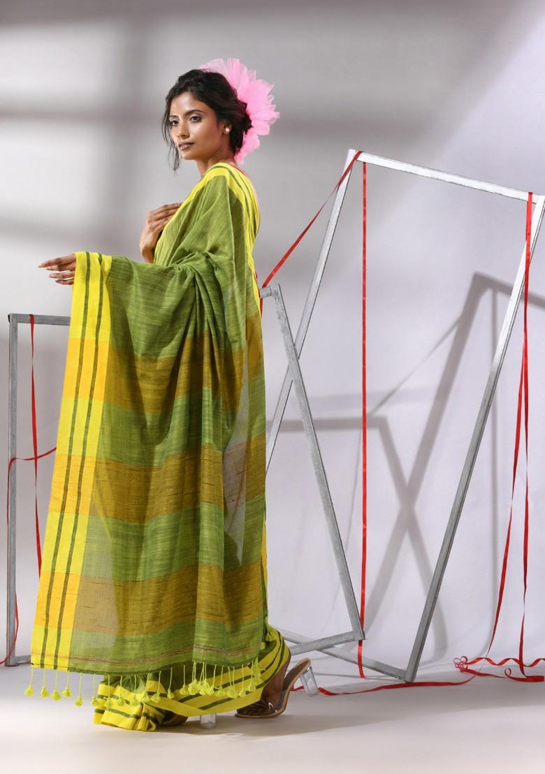 Green Woven Design Cotton Saree Set - Indya