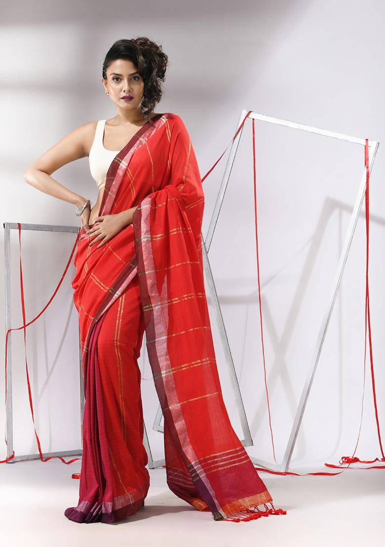 Red Striped Zari Woven Cotton Saree Set