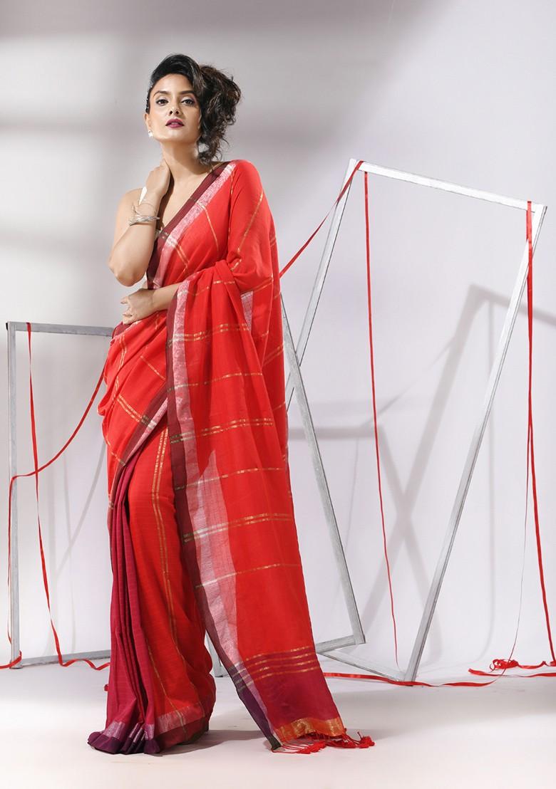 Red Striped Zari Woven Cotton Saree Set