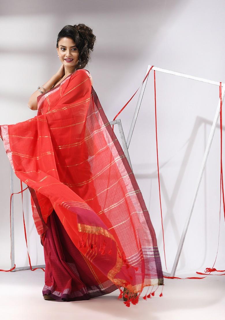 Red Striped Zari Woven Cotton Saree Set