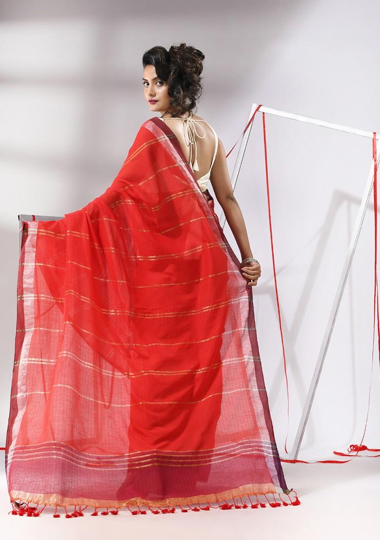 Red Striped Zari Woven Cotton Saree Set
