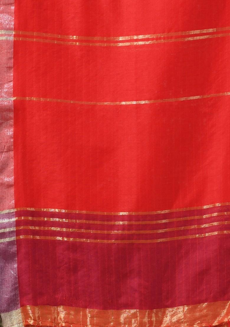 Red Striped Zari Woven Cotton Saree Set
