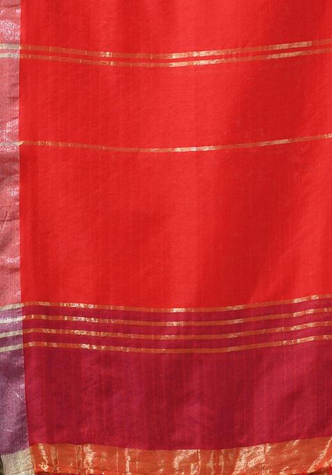Red Striped Zari Woven Cotton Saree Set