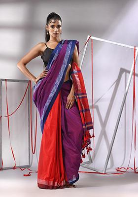 Purple Striped Woven Cotton Saree Set