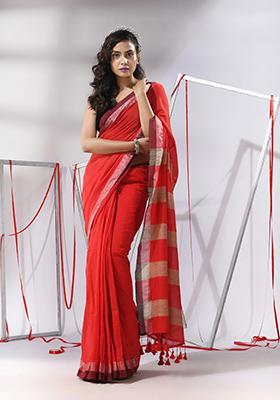 Red Striped Cotton Saree Set