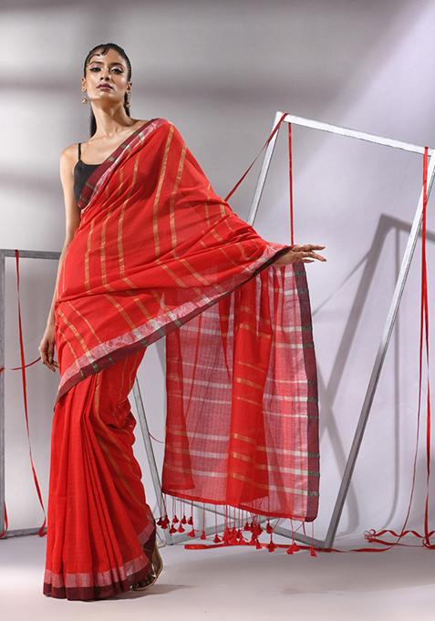 Red Zari Striped Cotton Saree Set