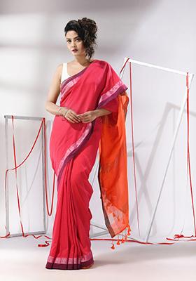 Pink Striped Woven Design Cotton Saree Set