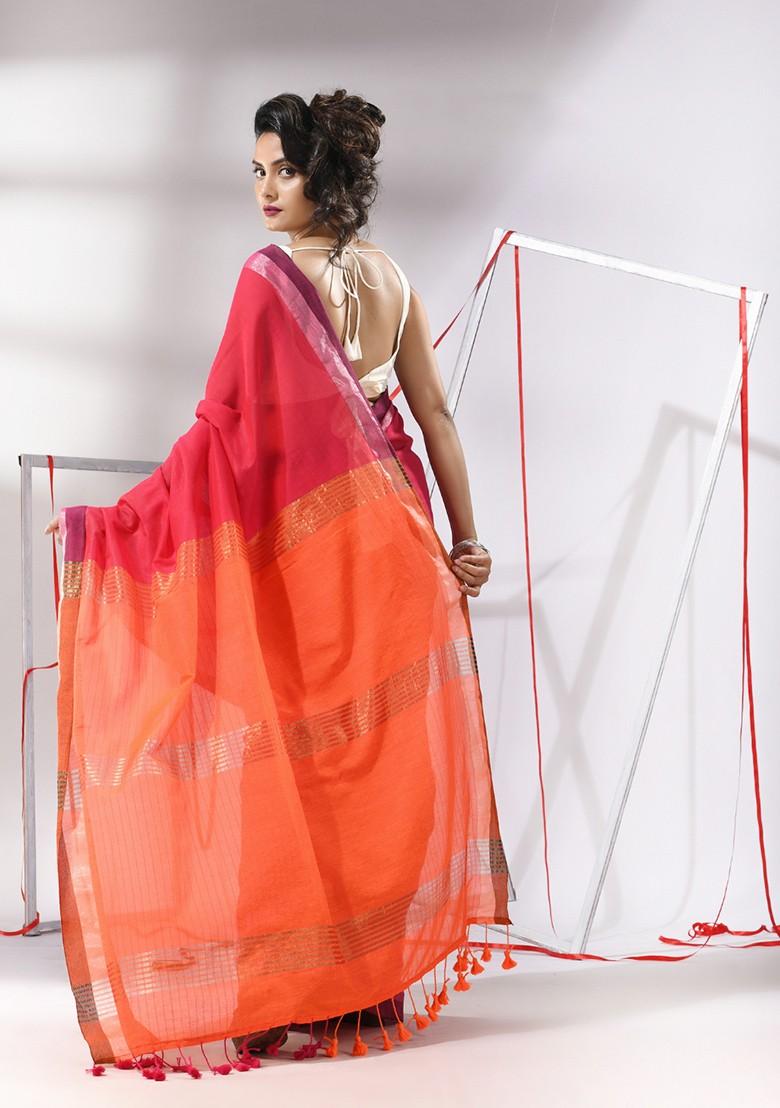 Pink Striped Woven Design Cotton Saree Set