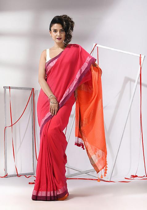 Pink Striped Woven Design Cotton Saree Set