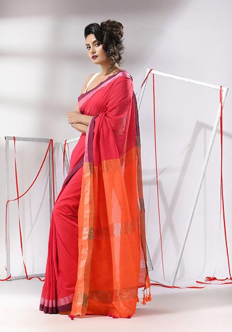 Pink Striped Woven Design Cotton Saree Set