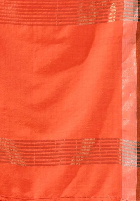 Pink Striped Woven Design Cotton Saree Set