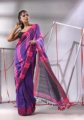 Red Zari Striped Cotton Saree Set