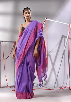 Purple Striped Sequin Work Cotton Saree Set