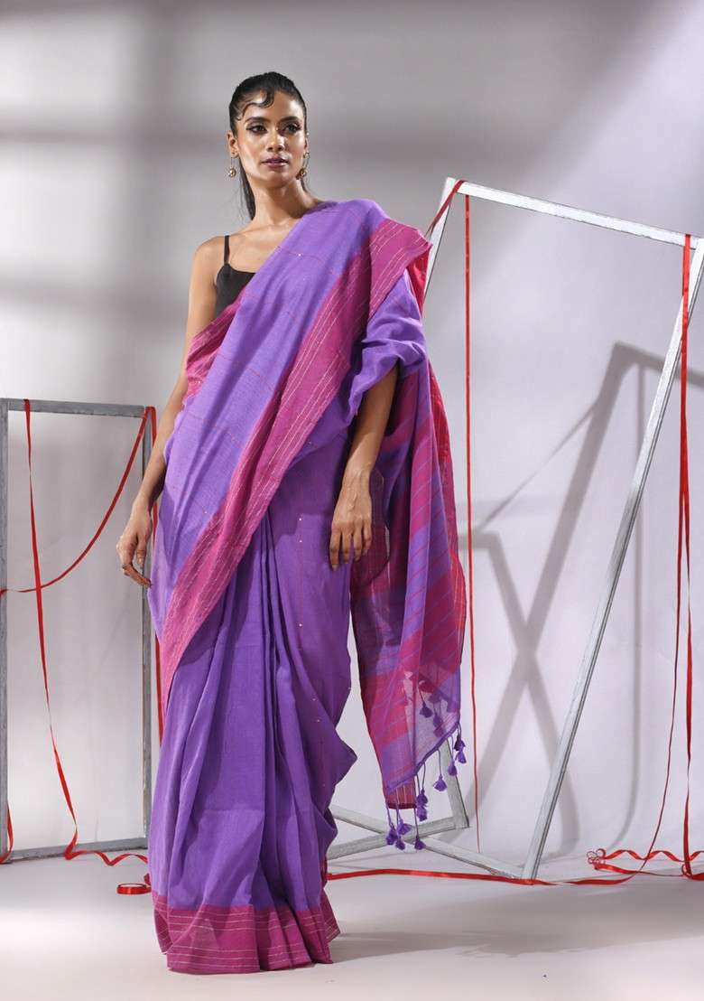 Purple Striped Sequin Work Cotton Saree Set for Diwali and Festive Wear - Indya