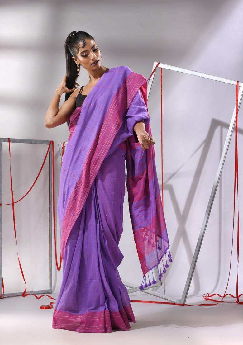 Purple Striped Sequin Work Cotton Saree Set for Diwali and Festive Wear - Indya