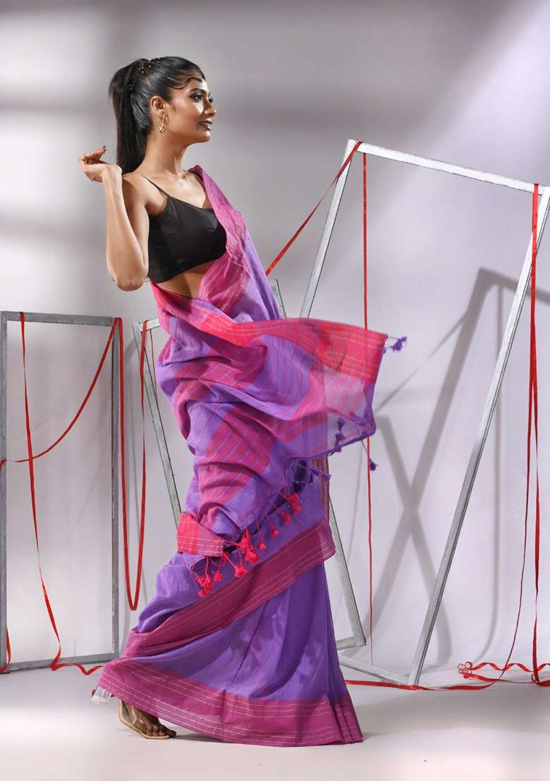 Purple Striped Sequin Work Cotton Saree Set for Diwali and Festive Wear - Indya