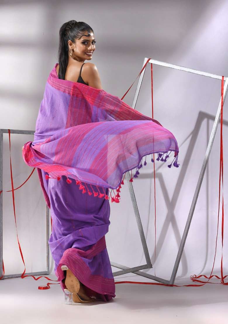 Purple Striped Sequin Work Cotton Saree Set for Diwali and Festive Wear - Indya