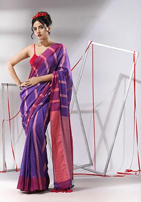 Violet Woven Design Soft Cotton Saree Set