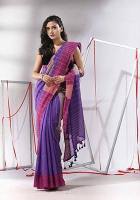 Purple Zari Striped Cotton Saree Set