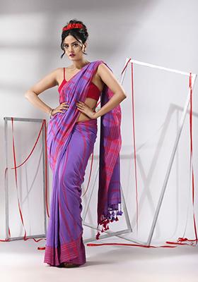 Purple Striped Cotton Saree Set