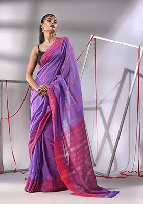Irish Purple Zari Striped Cotton Saree Set