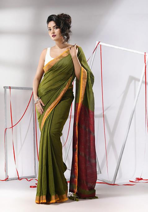 Moss Green Striped Cotton Saree Set