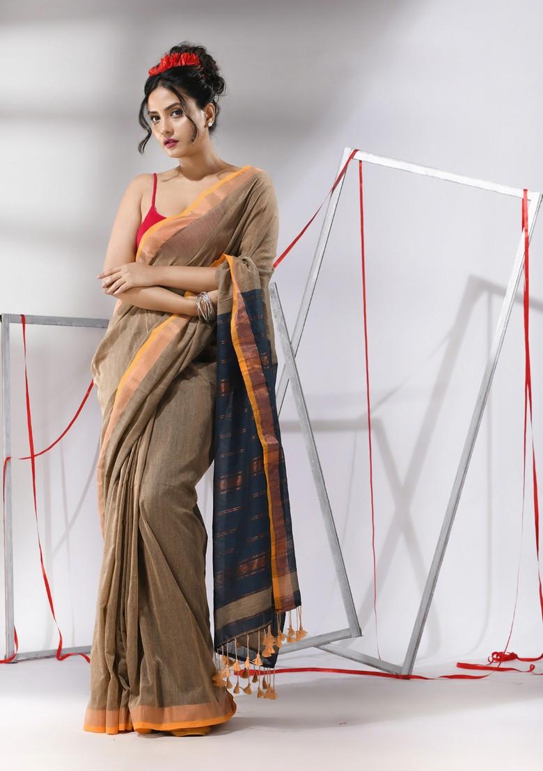Ecru Striped Cotton Saree Set