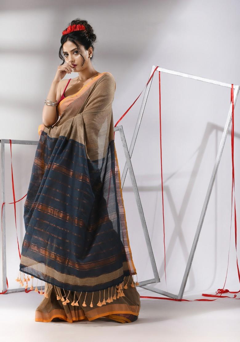 Ecru Striped Cotton Saree Set