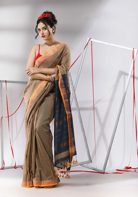 Ecru Striped Cotton Saree Set