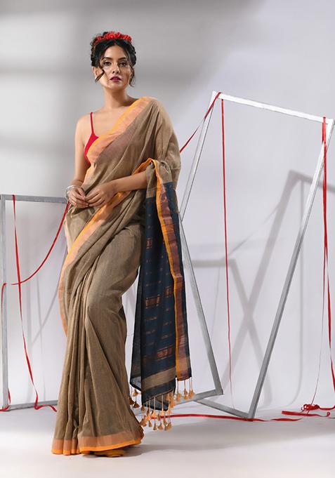 Ecru Striped Cotton Saree Set