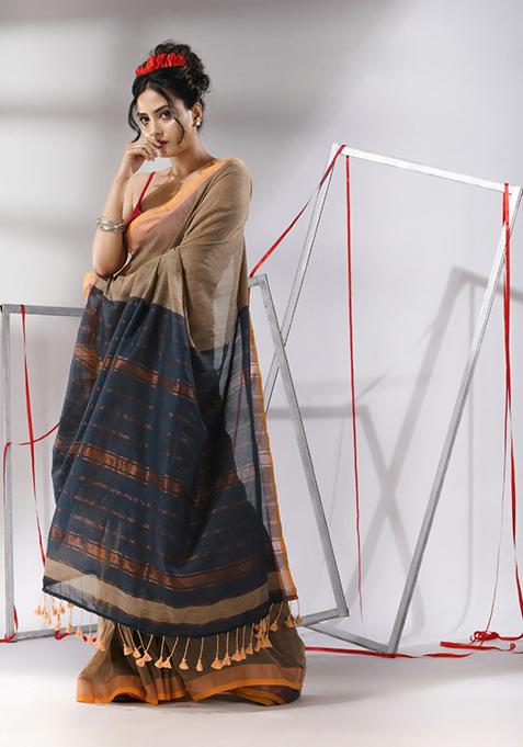 Ecru Striped Cotton Saree Set