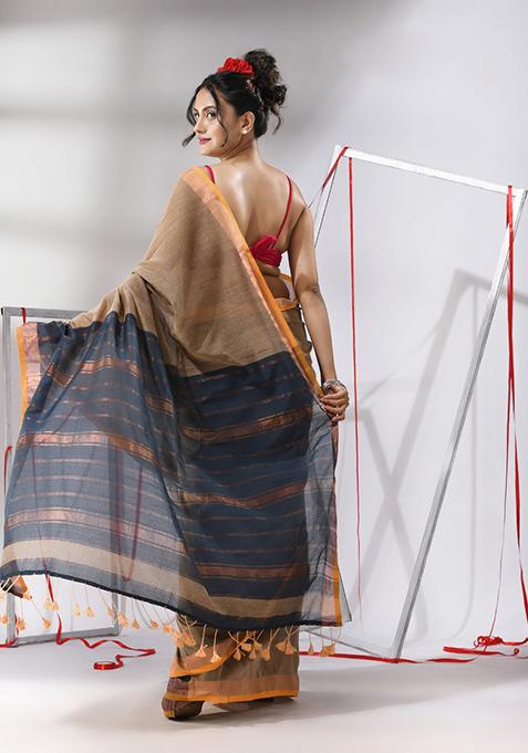 Ecru Striped Cotton Saree Set