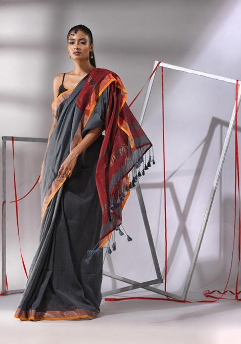 Grey Striped Cotton Saree Set