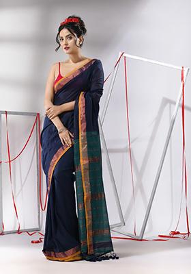Navy Blue Woven Design Striped Cotton Saree Set